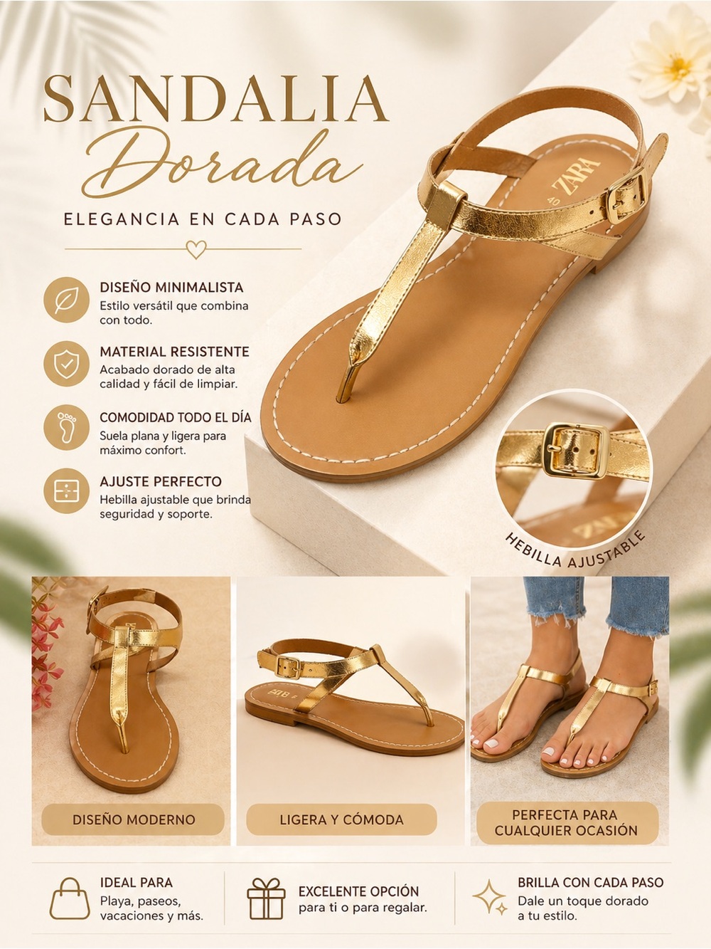 ZARA Metallic Gold Leather T-Strap Sandals - Picture 3 of 3
